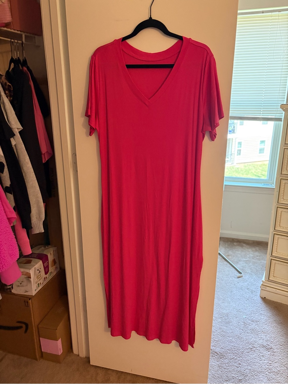 Bright Pink V-Neck Midi Dress